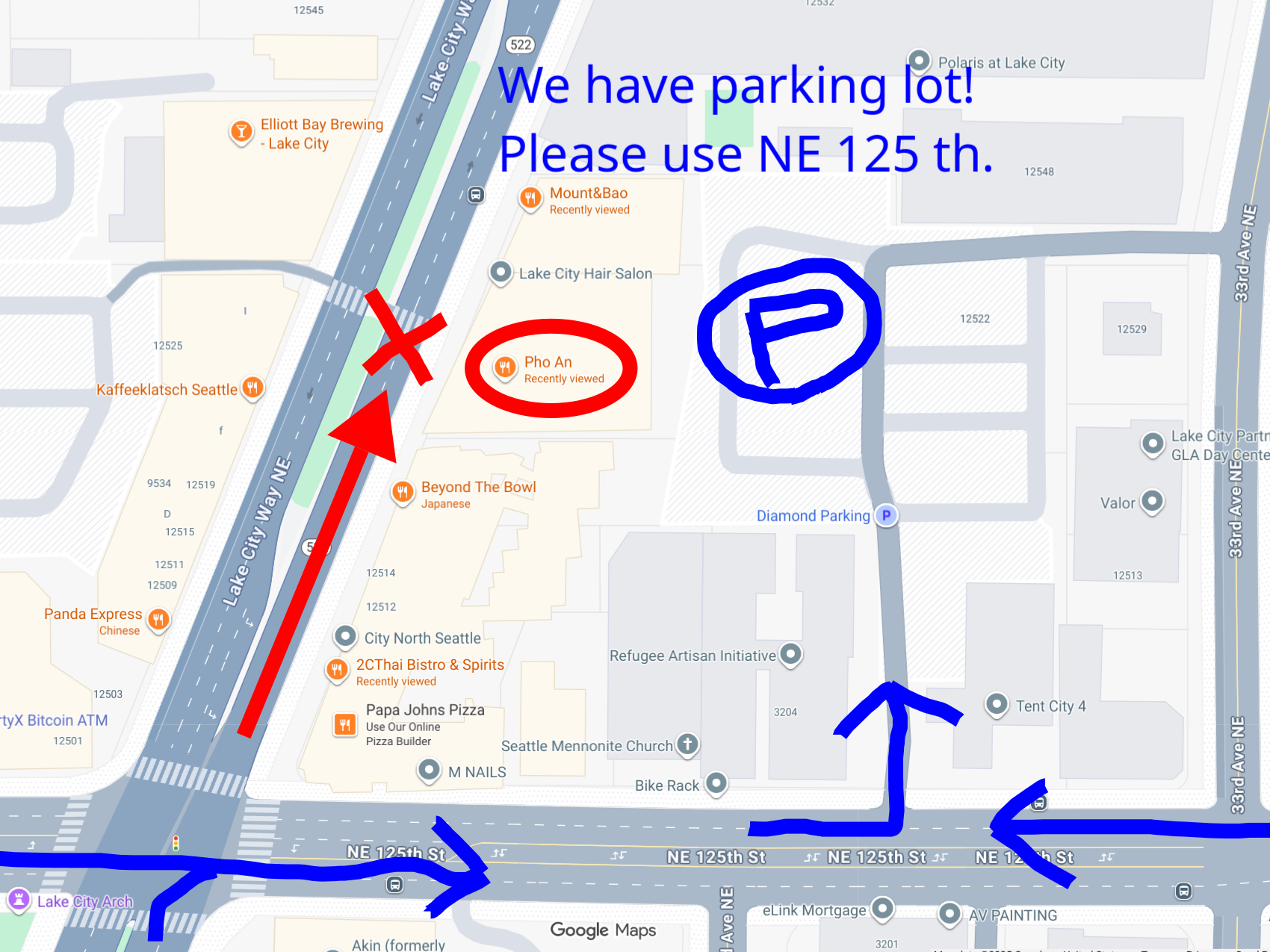 Map showing route from NE 125th St to the rear parking lot for Phở Ân