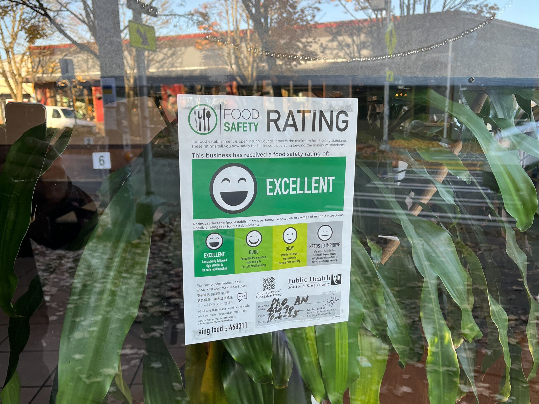 \“EXCELLENT\” food safety rating from Public Health — Seattle & King County